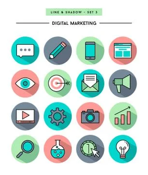 Set of flat design,long shadow, thin line digital marketing icons Stock Illustration