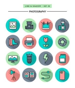 Set of flat design,long shadow, thin line photography icons Stock Illustration
