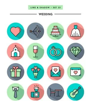 Set of flat design,long shadow, thin line wedding icons Illustrazione stock