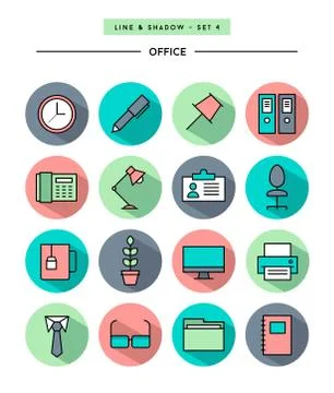 Set of flat design,long shadow, thin line office icons Stock Illustration