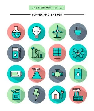 Set of flat design,long shadow, thin line power and energy icons Illustrazione stock