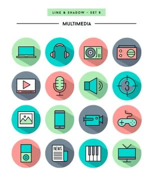 Set of flat design,long shadow, thin line multimedia icons Illustrazione stock