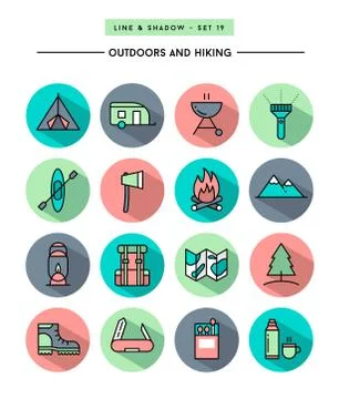 Set of flat design,long shadow, thin line hiking and outdoors icons Stock Illustration
