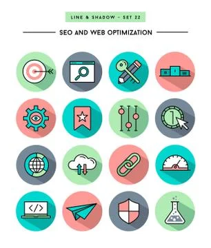 Set of flat design,long shadow, thin line seo and web optimization icons Stock Illustration