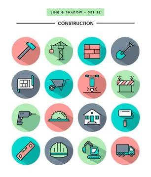 Set of flat design,long shadow, thin line construction icons Illustrazione stock