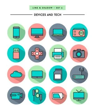 Set of flat design,long shadow, thin line devices and tech icons Illustrazione stock