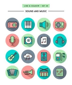 Set of flat design,long shadow, thin line sound and music icons Illustrazione stock