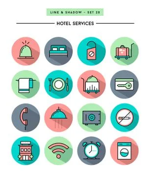 Set of flat design,long shadow, thin line hotel services icons Stock Illustration