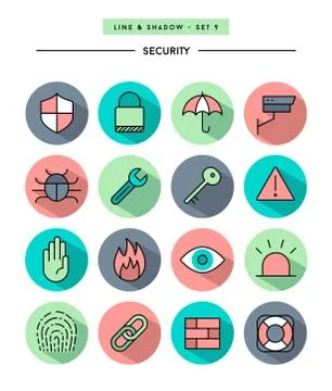 Set of flat design,long shadow, thin line security icons Stock Illustration