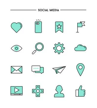 Set of flat design,thin line social media icons Illustrazione stock