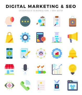 Set of Flat DIGITAL MARKETING &amp; SEO Icons. Flat art icon. Vector illustration Stock Illustration