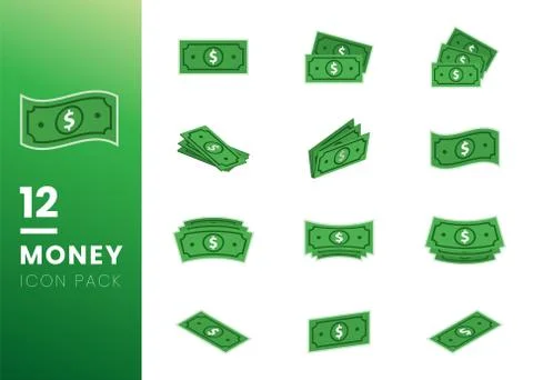 Set of Flat dollar sign, green money dollar icon isolated on white background Illustrazione stock