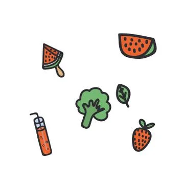 A set of flat drawn summer illustrations. Design elements for food, accessories Stock Illustration