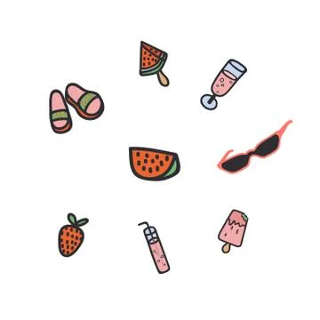 A set of flat drawn summer illustrations. Design elements for food, accessories Stock Illustration