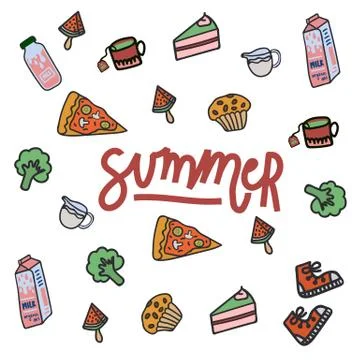 A set of flat drawn summer illustrations. Background texture with design Stock Illustration