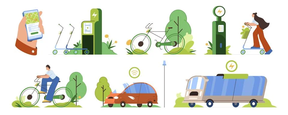 Set of flat eco friendly public transport, electric car, scooter, bicycle in Stock Illustration