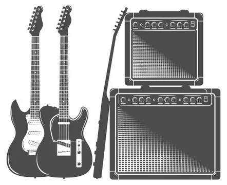 Set of flat electric guitar, amp Stock Illustration
