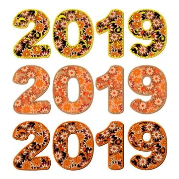 Set flat floral patterned numbers 2019 Illustrazione stock