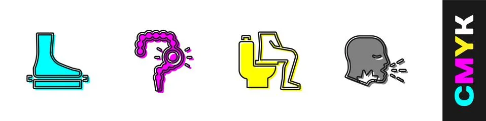 Set Flat foot, Gut constipation, Constipation and Man coughing icon. Vector Stock Illustration