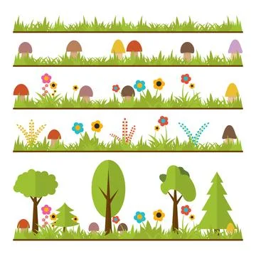 Set of flat forest design elements. Mushrooms, grass, berries, trees and fl.. Illustrazione stock