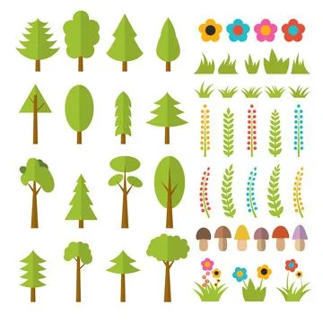Set of flat forest elements. Include mushrooms, grass, berries, trees, flow.. Stock Illustration