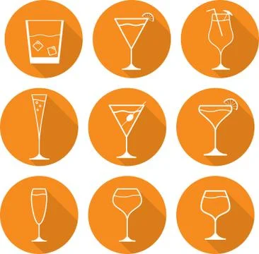 Set flat glasses outline for martini with an olive, champagne, wine, whisky w Stock Illustration
