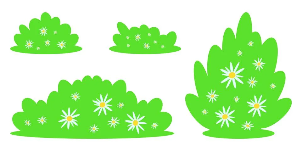 Set of flat green bushes and bSet of flat green bushes alooming shrubs Stock Illustration