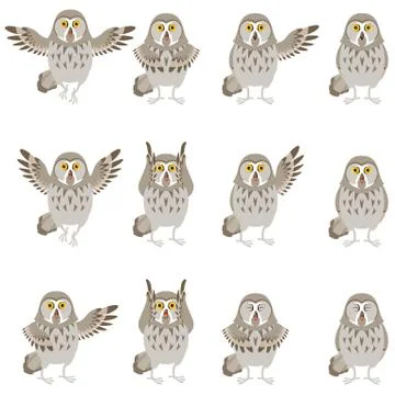 Set of flat grey owl icons Stock Illustration