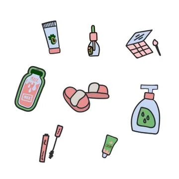 A set of flat hand-drawn illustrations of cosmetics and creams. Elements of self Stock Illustration