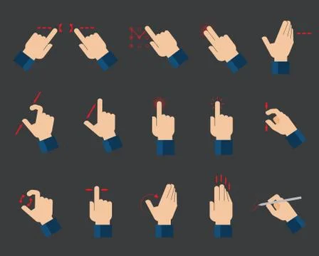 Set of flat hand  icons showing commonly used multi-touch gestures Stock Illustration