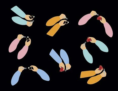 Set of Flat hands with Brilliant ring, Gemstone and Tweezers. Collection of J Stock Illustration