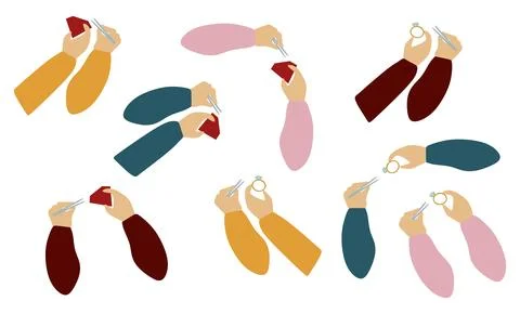 Set of Flat Hands with Gemstones and Rings. Vector Gestures in different posi Stock Illustration