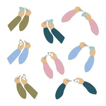 Set of Flat Hands with Gemstones and Rings. Vector Gestures in different posi Stock Illustration