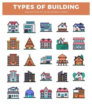 Set of flat icon building illustrations depicting various house and apartme.. Ilustración de archivo