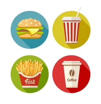 Set of flat icon with hamburger fries soda and coffee in paper cup 스톡 일러스트