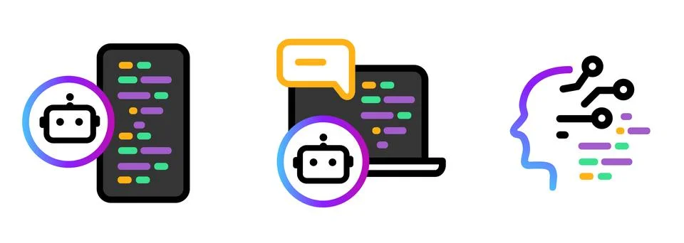 Set of flat icons for artificial intelligence programming and automated 库存插图