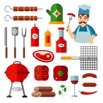 Set of flat icons of bbq, barbecue objects, cook Stock Illustration
