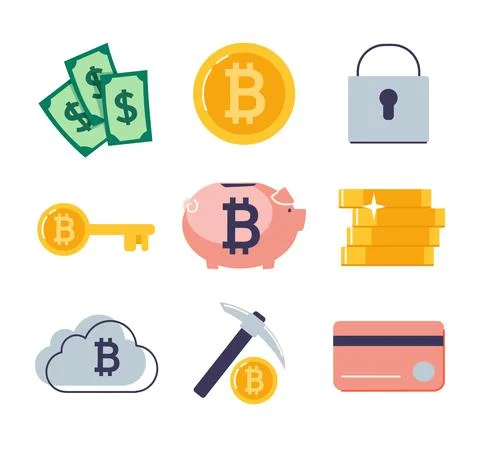 Set of flat icons with blockchain concept, safe bitcoin, cryptocurrency mining Stock Illustration