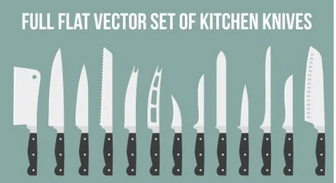 Set flat icons of kitchen knives. Vector isolated on white background. Stock Illustration