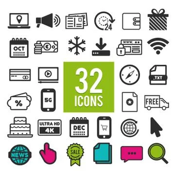 Set of flat icons for mobile app and web on white background. Stock Illustration