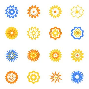 Set of flat icons of multicolored decorative flowers isolated on white. Cute Stock Illustration
