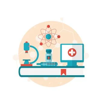 Set flat icons of objects medicine laboratory, concept of healthcare system Stock Illustration