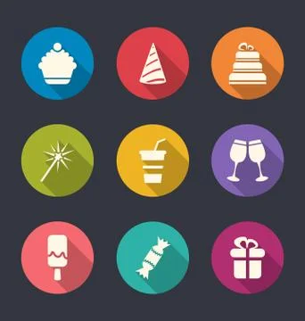 Set flat icons of party objects with long shadows Stock Illustration
