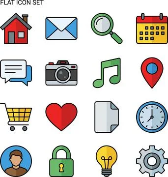 Set of Flat Icons Representing Common Digital and Everyday Objects. 库存插图