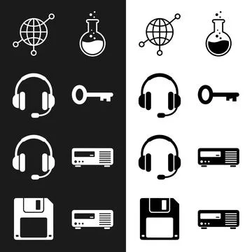 Set of flat icons representing technology and science concepts: globe netwo.. Stock Illustration
