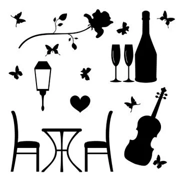 	Set of flat icons for romantic evening.  Stock Illustration