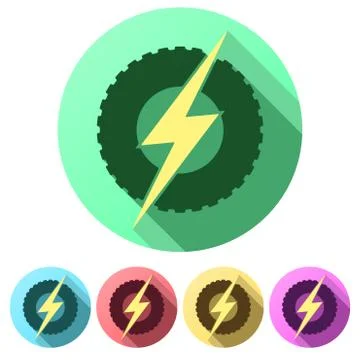 Set Flat icons of round wheel with lightning. Eco electric transport theme Stock Illustration