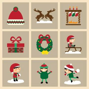 Set of flat icons on stylish background Christmas Stock Illustration