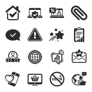 Set of flat icons, such as Laptop insurance, Heart, Vip mail symbols. Vector Stock-Illustration