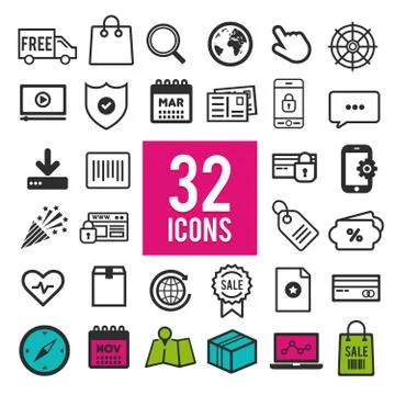 Set of flat icons, for web, internet, mobile apps, interface design - shoppin Stock Illustration